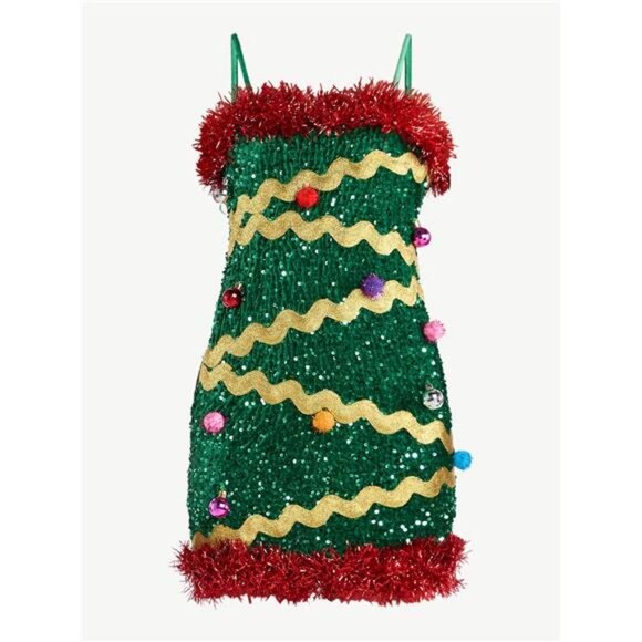 Women’s Christmas Tree Mini Dress Festive Holiday Party Outfit Seasonal Dress - Picture 4 of 4